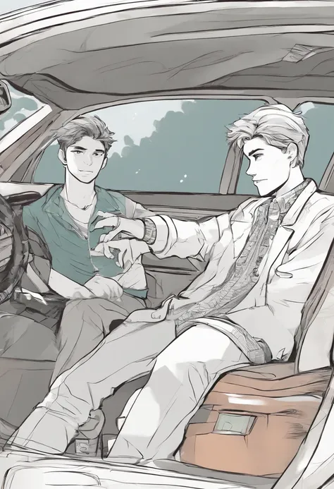 teenage boy, talking to his father inside a car, super detailed image, manga style, full hd