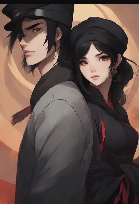 Black-haired couple with kaisen jujutsu dash with black clothes, Beanie, long hair.