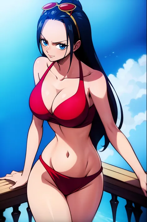 Robin de One Piece, sexy pose, What if , Elly, Red sari, 8k, anime, Shore, Big Boob, large ass, Looks sexy perfect quality eyes blue eyes standing blue bikini