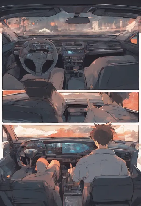 teenage boy, talking to his father inside a car, super detailed image, anime style, full hd