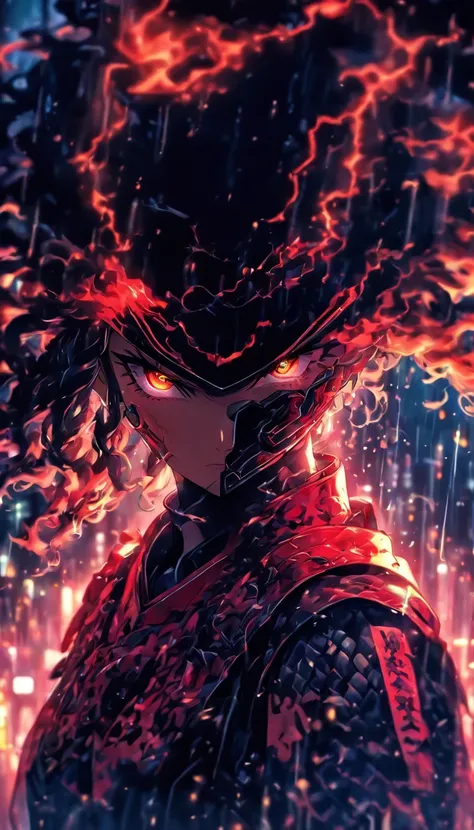 1 Japanese girl, battle armor, Intricate pattern, heavy metal, Energy lines, Faceless, Glowing eyes, elegant, Intense, blood red and black uniform, Solo, modern, City, Streets, Dark clouds, thunderstorm, heavy rain,, Dramatic lighting,, (Masterpiece:1.2), ...