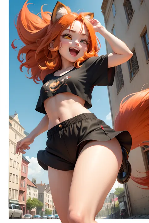 Hifh detail furry girl, with a loose top, long red hair with yellow streaks , eyeballs shaped like cat eyes, a fluffy big red panda tail, dynamic pose, loose tiny and short clothes, small body, stretching, happy face with open mouth with fangs, building ba...