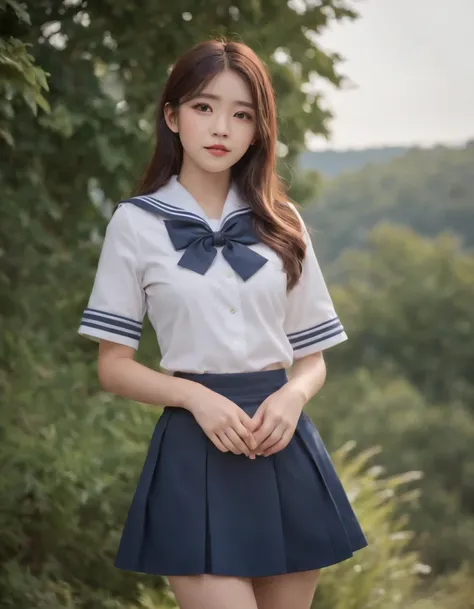 Random Pose, mix4, best quality, 1girl, long hair, beautiful eyes, ((japanese school shirt)), a sailor suit、Dark blue pleated skirt,sailor collar, neckerchief, short sleeves, white skirt, ((upper body)), standing, outdoors, medium shot, high quality photo.