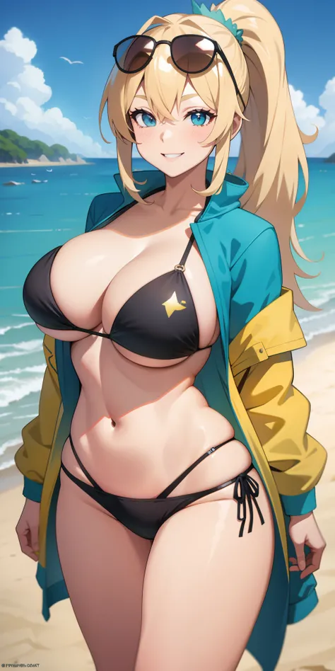 Blonde ponytail, large breasts, bikini, thighs, open jacket, smiling, beach background, sunglasses