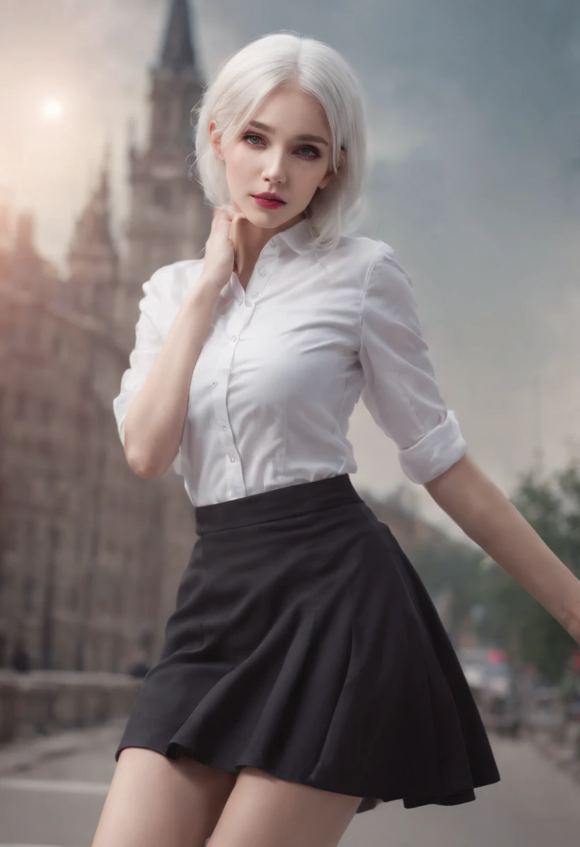 Realistic, 1girll, ((full body Esbian)), Sexy,Pretty Face, White hair, Purple eyes,Sexy legs,(School uniform), Black High Heels,Black school uniform, (Black skirt), Parted Lip, blush, Night, possessed, 耳Nipple Ring, Photorealsitic, Cinematic Light,