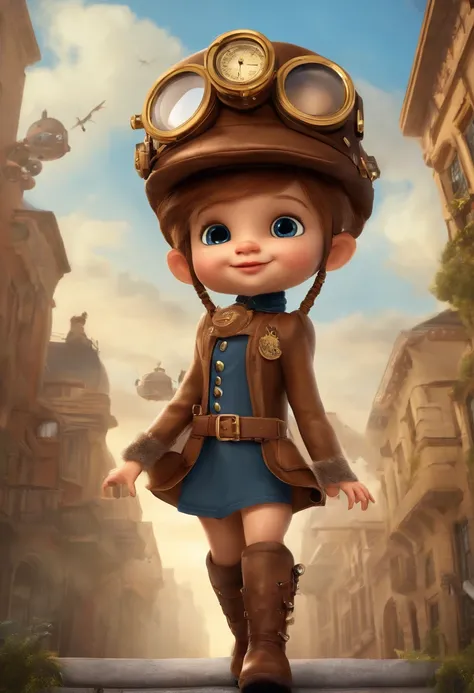 Fairy tale picture book，Huge steampunk world，A baby flies over the city in a flying machine，Flight cap，Flight suit，Flight boots，Full body like，high qulity，A high resolution，tmasterpiece，super-fine，depth of fields