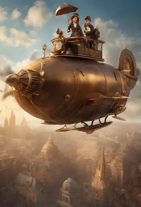 Fairy tale picture book，Huge steampunk world，A baby flies over the city in a flying machine，Flight cap，Flight suit，Flight boots，Full body like，high qulity，A high resolution，tmasterpiece，super-fine，depth of fields