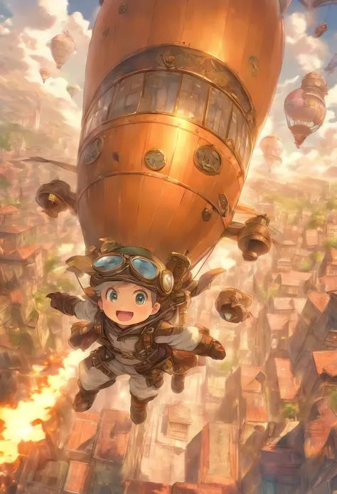 Fairy tale picture book，Huge steampunk world，A baby flies over the city in a flying machine，Flight cap，Flight suit，Flight boots，Full body like，high qulity，A high resolution，tmasterpiece，super-fine，depth of fields