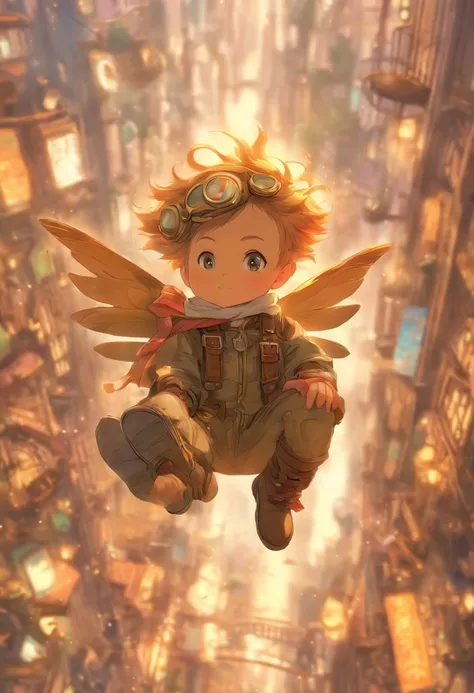 Fairy tale picture book，Huge steampunk world，A baby flies over the city in a flying machine，Flight cap，Flight suit，Flight boots，Full body like，high qulity，A high resolution，tmasterpiece，super-fine，depth of fields