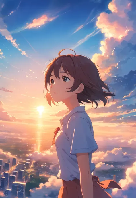 masterpiece, best quality, movie still, 1girl, cloud girl, floating in the sky, close-up, bright, happy, warm soft lighting, sunset, (sparks:0.7)