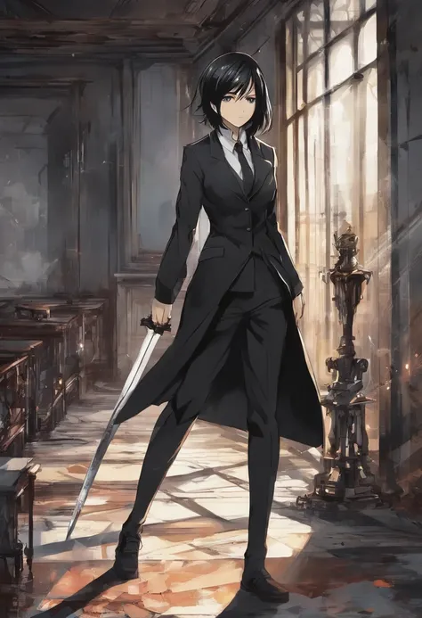 Mikasa Ackerman, dressed in elegant black suit, with a sword in her way walking around an abandoned house, super detailed image, manga style, full HD