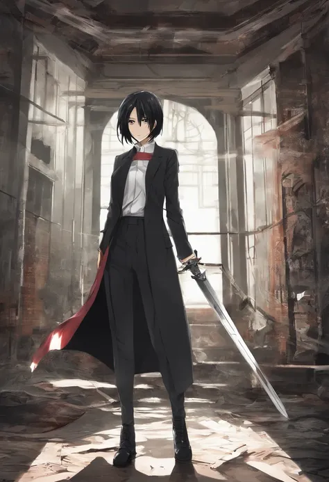 Mikasa Ackerman, dressed in elegant black suit, with a sword in her way walking around an abandoned house, super detailed image, manga style, full HD