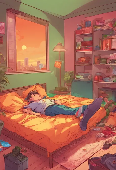 Teenage boy lying down sleeping in his room, super detailed image, anime, full HD