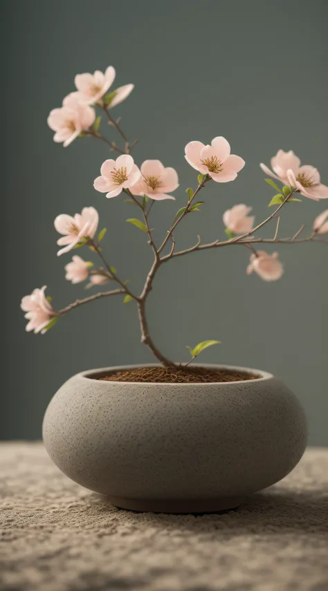 a plant, potted, still-life, Winters, Peach blossoms, Rock garden, Bonsai fog, haze, Exquisite details, super exquisite details, complexdetails, cinematic style, hyper realism soft light, Evening sun illumination, diffused soft light, shallowdepthoffield, ...