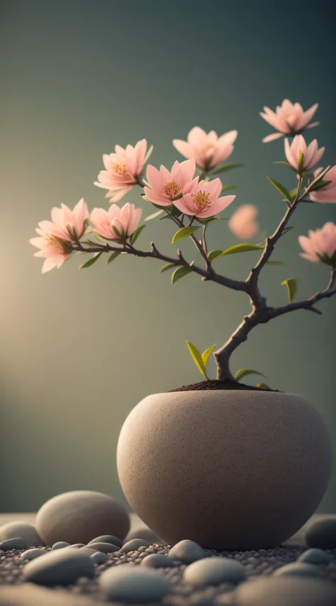 a plant, potted, still-life, Winters, Peach blossoms, Rock garden, Bonsai fog, haze, Exquisite details, super exquisite details, complexdetails, cinematic style, hyper realism soft light, Evening sun illumination, diffused soft light, shallowdepthoffield, ...