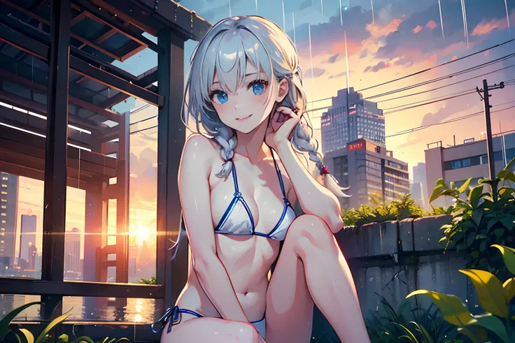 (Best Quality)), ((Masterpiece)), (High Definition:1.3), Beautiful,(Masterpiece), Realistic, Beautiful photo,　1girl, Slender small breasts、Sit on the ground、Great smile、Soft white braid、Cute Beautiful Girl、Small Bikini、No clothes、City of Rains