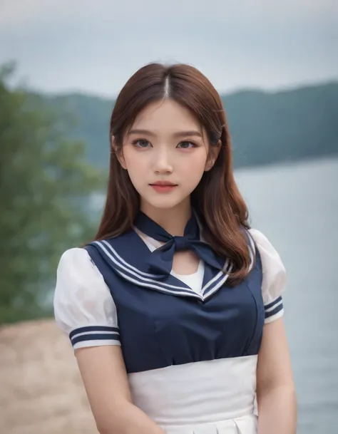 Random Pose, best quality, 1girl, long hair, beautiful eyes,  a sailor suit,Dark blue pleated skirt,sailor collar, neckerchief, short sleeves, white skirt, Film grain, chromatic abberation, Sharp Focus, face lights, Dynamic lighting,, ((upper body)), stand...