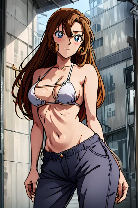 ((masterpiece)),((best quality)),ultra-detailed,illustration,1girl, solo, brown hair, long hair, flower, pants, midriff, crop top, breasts, looking at viewer, cleavage,  window, brown eyes, indoors, navel, medium breasts, bikini top, head tilt, knee up, cl...