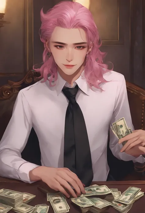 male people、Beautiful skin、long eyelashes、Staring at me、Pink Hair、length hair、Holding a wad of money、bewitching、shirt、neck tie、long limbs、Wolfcut、smoking tobacco、murky