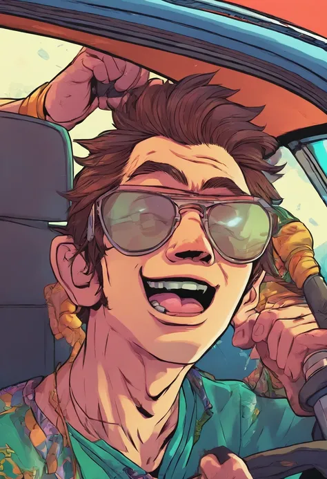 teenage boy inside a car, talking to his father who is driving, super detailed image, manga style, full hd