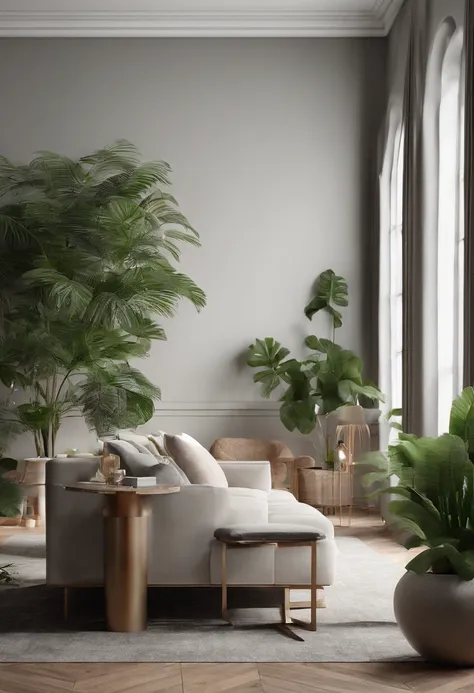 You are a famous interior designer，and commissioned to create a 3D image of a modern large room. Create a harmonious environment with modern and minimalist furniture. Some houseplants are included，Make it look fresher.