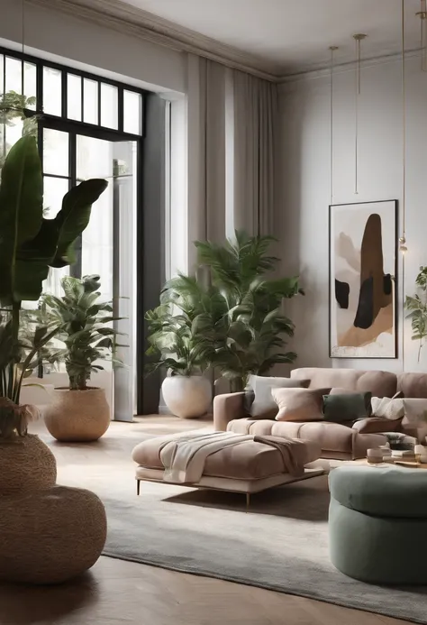 You are a famous interior designer，and commissioned to create a 3D image of a modern large room. Create a harmonious environment with modern and minimalist furniture. Some houseplants are included，Make it look fresher.