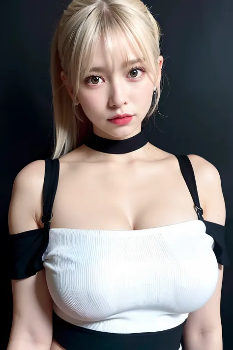 best quality, ultra high res, (photorealistic:1.4), 1girl, off-shoulder white shirt, black tight skirt, black choker, (faded ash gray hair:1), (huge breasts:1.2), looking at viewer, closeup ,