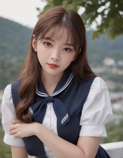 best quality, 1girl, long hair, beautiful eyes,(( school shirt)),  a sailor suit,Dark blue pleated skirt,sailor collar, neckerchief, short sleeves, white skirt, Film grain, chromatic abberation, Sharp Focus, face lights, Dynamic lighting,, ((upper body)), ...