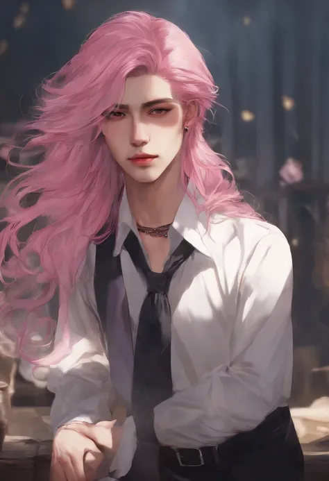 male people、Beautiful skin、long eyelashes、Glaring at me、Pink hair、length hair、Bundles、bewitching、The shirt、neck tie、long limbs、Wolfcut、smoking tobacco、murky、long bangs、Bangs flowing to the right、2guys