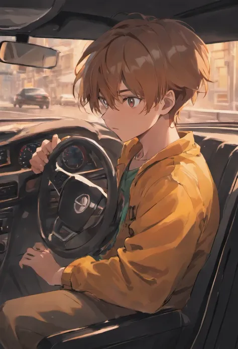 teenage boy inside a car, talking to his father who is driving, super detailed image, manga style, full hd