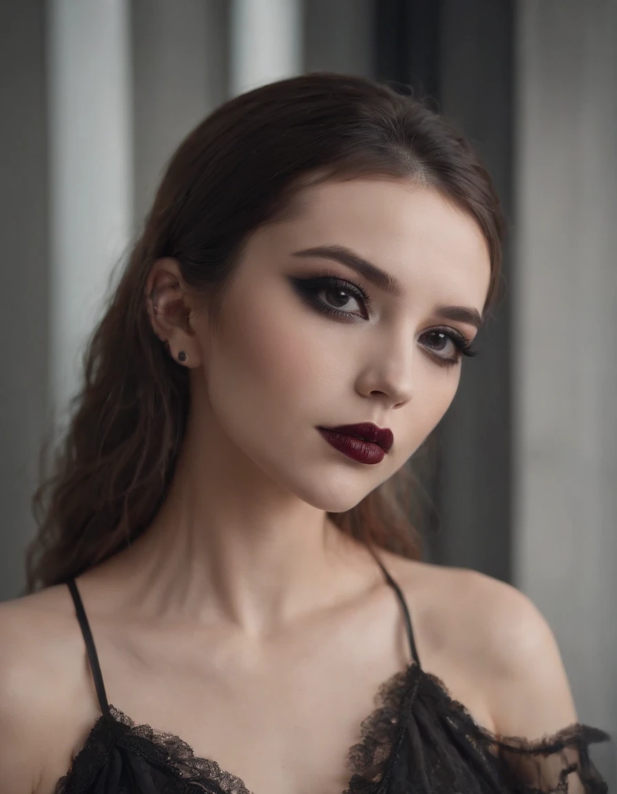 Best quality, masterpiece, ultra high res, photorealistic, raw photo, unity 8k wallpaper,punk,(black lips:1.3),(black eyeshadow:1.3),parted lips,((upper body))