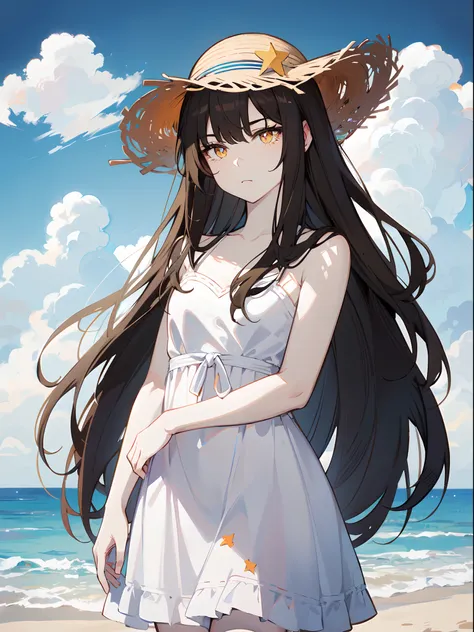 (masterpiece:1.2), (pale skin:1.2), (solo:1.2), (female:1.1), (emphasis lines:1.3), white (summer dress:1.1), (straw hat:1.1), sea, palm tree, brown hair, cloudy sky, orange eyes, (star-shaped pupils:1.2)