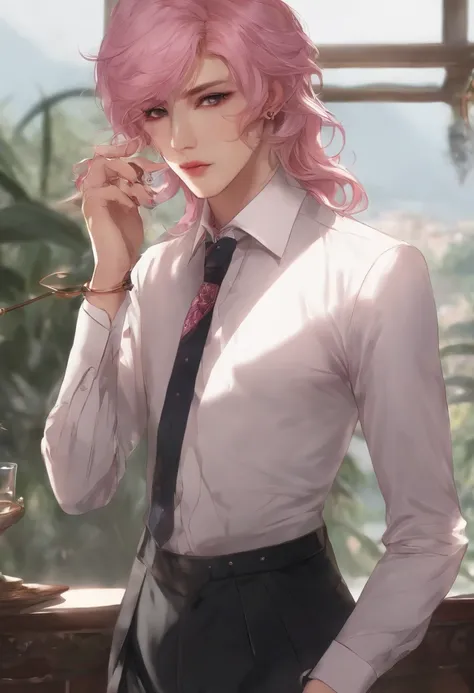 male people、Beautiful skin、long eyelashes、Glaring at me、Pink hair、length hair、bewitching、The shirt、neck tie、Beautiful suit、long limbs、Wolfcut、smoking tobacco、murky、long bangs、Bangs flowing to the left、Thin and beautiful eyebrows