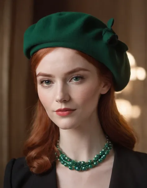 70s style redhead young woman, wears green retro beret and black clothing, pearl necklace, fashion attitude, side lighting, medium close up shot, high quality photo.