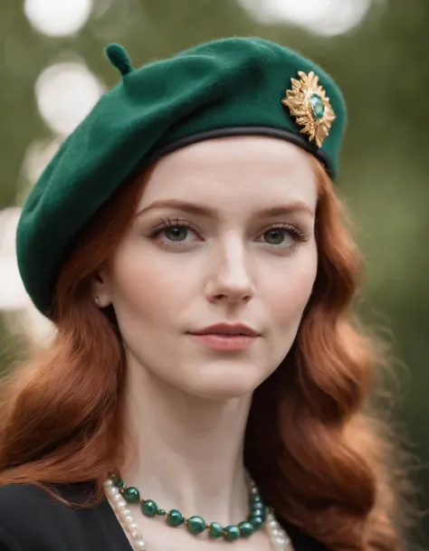 70s style redhead young woman, wears green retro beret and black clothing, pearl necklace, fashion attitude, side lighting, medium close up shot, high quality photo.