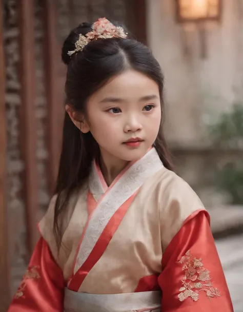 Chinese little girl，Tang suit，beautiful hair ornaments，bust，Chinese architecture