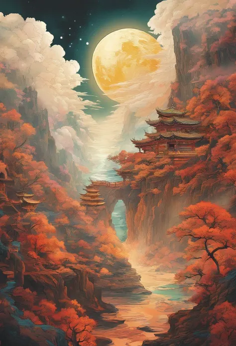 （Tang Feng），（A cliff illuminated by a huge moon），Ultra-long-range viewing angle，No Man，scenecy，the detail