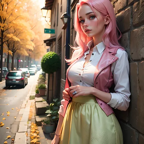 Girl, pink hair, blue eyes, white blouse, long skirt, vest, autumn, autumn vibe, comfort --auto --s2