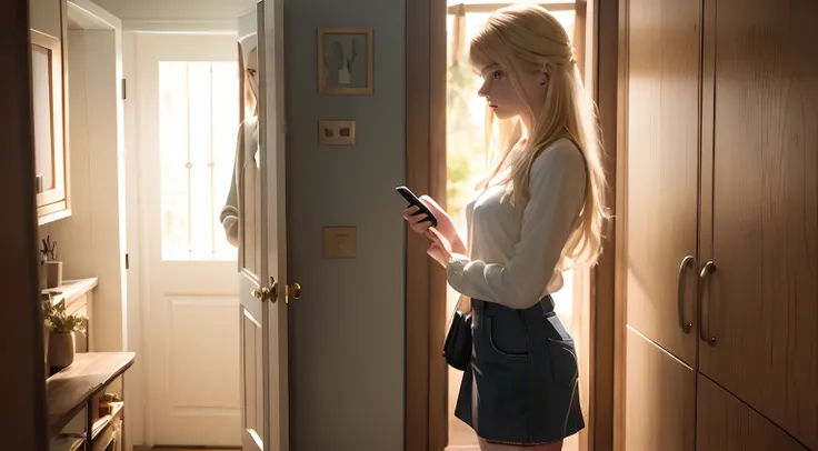 blonde woman standing in doorway looking at cell phone in open doorway, gwen stacy, betty cooper, still from a live action movie, checking her phone, feral languid emma roberts, checking her cell phone, she is holding a smartphone, dressed anya taylor - jo...