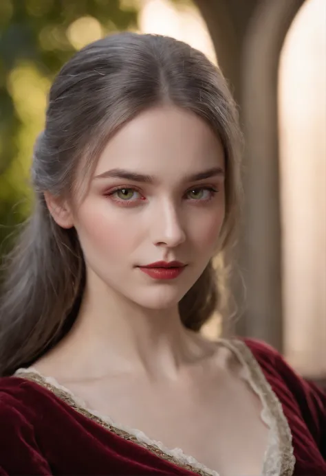 (((A deep red wound streaked across her left cheek))) Fair complexion, A woman around 19 years old, Natural gray hair, Unique green eyes, Wear Cole, Slender and graceful, Beautiful, Candlelight in a medieval setting, super sharp focus, realistic lens, Medi...