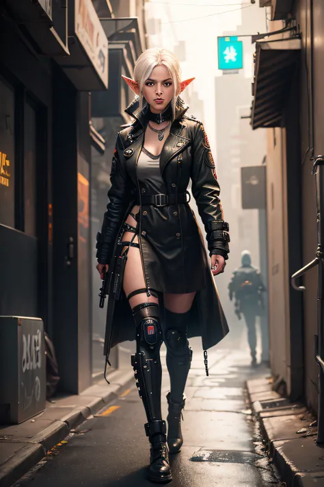 Female elf in cyberpunk clothing in alley wearing trench coat with neon accents and carrying a MAC-10 submachine gun. Cybernetic arms and eyes