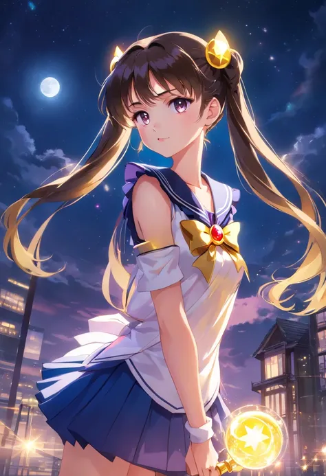 Sailor Moon, Realistic, 1girl in, (magical little girl:1.4), Long dark brown hair, (Gold Opal Eyes), (crystalline, Sparkling bokeh), (Gothic:1.4)Style Sailor Scout Uniform, (Big breasts:1.25), cleavage, wide hips, Small waist, skin tanned, 鎖骨, Parted lips,...