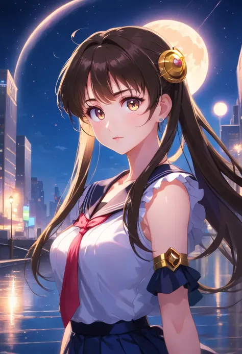 Sailor Moon, Realistic, 1girl in, (magical little girl:1.4), Long dark brown hair, (Gold Opal Eyes), (crystalline, Sparkling bokeh), (Gothic:1.4)Style Sailor Scout Uniform, (Big breasts:1.25), cleavage, wide hips, Small waist, skin tanned, 鎖骨, Parted lips,...