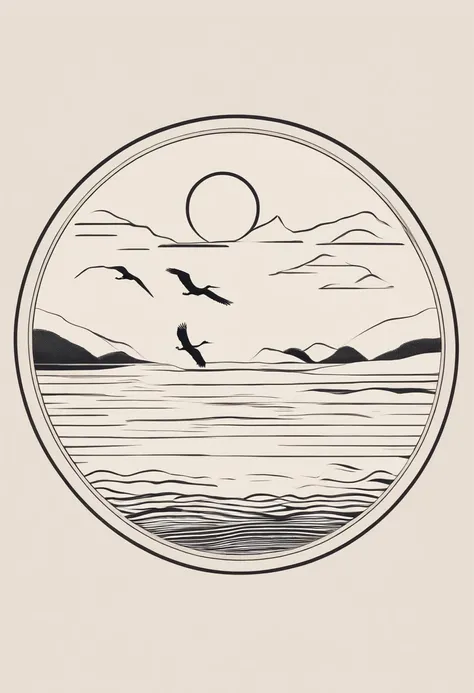 Draw inside the round frame，There are cranes in the upper part of the circle，There are three mountains in the middle，Below are the waves，