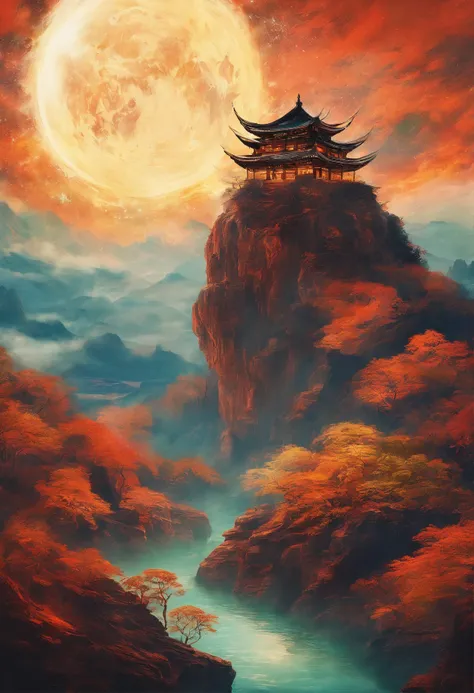 （Tang Feng），（A cliff illuminated by a huge moon），Ultra-long-range viewing angle，No Man，scenecy，the detail