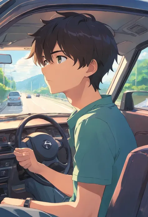 teenage boy inside a car, talking to his father who is driving, super detailed image, manga style, full hd