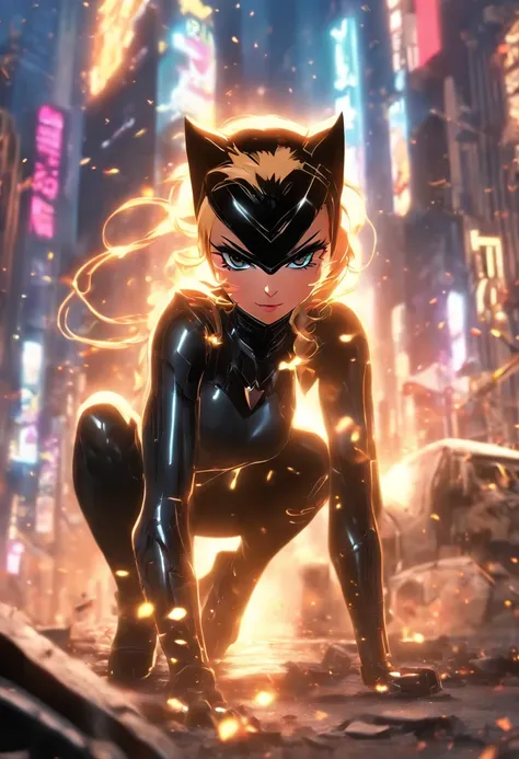 ((Best quality)), ((tmasterpiece)), ((realisticlying)), (A detailed), (Fotor is realistic:1.5), Futuristic Catwoman, (white business suit), Lights in armor, Network cap, looking at viewert, dynamicposes, postapocalyptic, Destroyed city funds, burning build...