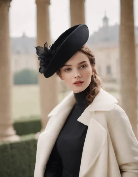 a model wears a black coat and a white hat, in the style of 32k uhd, rococo elegance, vintage-inspired designs, bold curves, ferrania p30, limited color range, english school .