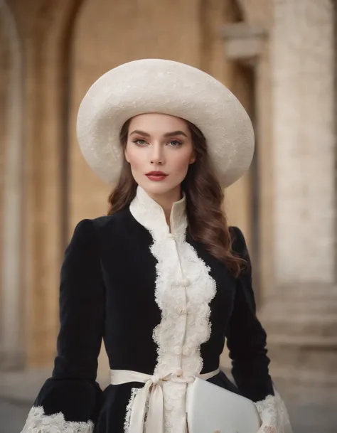 a model wears a black coat and a white hat, in the style of 32k uhd, rococo elegance, vintage-inspired designs, bold curves, ferrania p30, limited color range, english school .