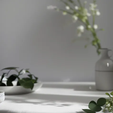 There is a white plate，It has a cake and a vase on it, still life photo of a backdrop, on a white table, Leaves and simple cloth, dslr photo of a vase on a table, white marble interior photograph, product introduction photos, shot with canon eoa 6 d mark i...